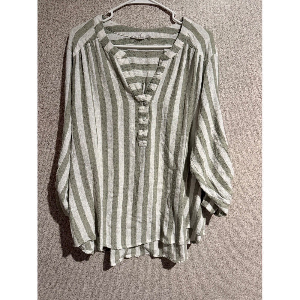 Jane + Delancey Sage Green White Striped Henley Roll Tab Sleeve Tunic Top 1X